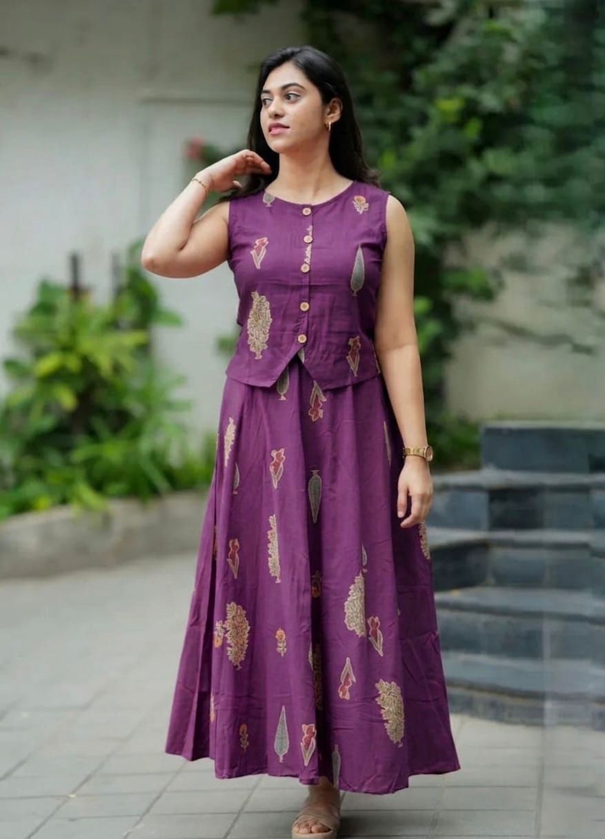 Nikhar Plum Purple Cotton Jacket-Style Crop Top and Flared Maxi Skirt Co-ord Set