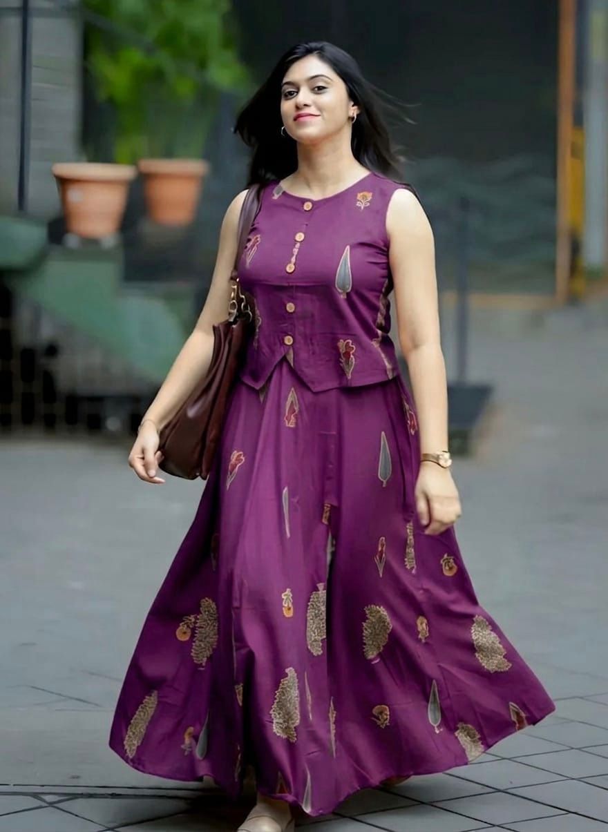 Nikhar Plum Purple Cotton Jacket-Style Crop Top and Flared Maxi Skirt Co-ord Set