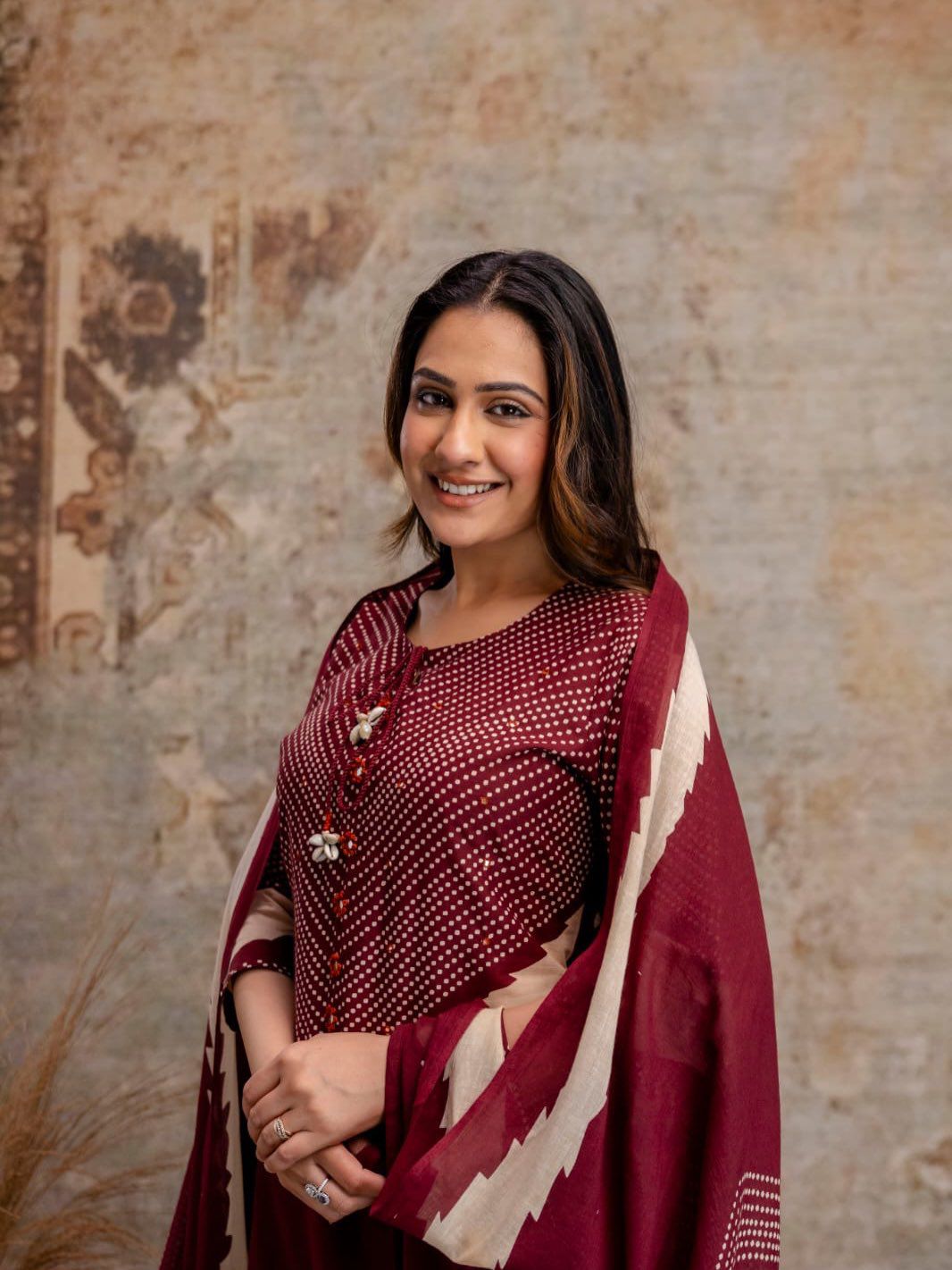 Sanjh Burgundy Maroon Cotton Bandhani Discharge Print Kurta Set with Dupatta