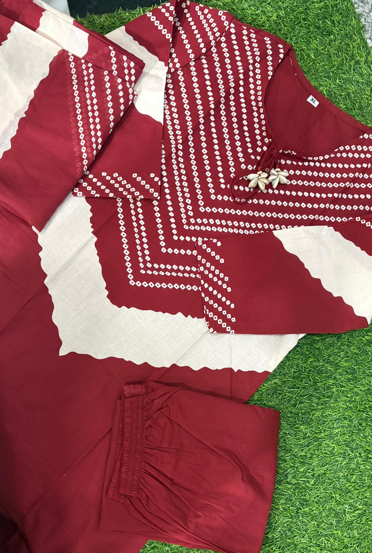 Sanjh Burgundy Maroon Cotton Bandhani Discharge Print Kurta Set with Dupatta