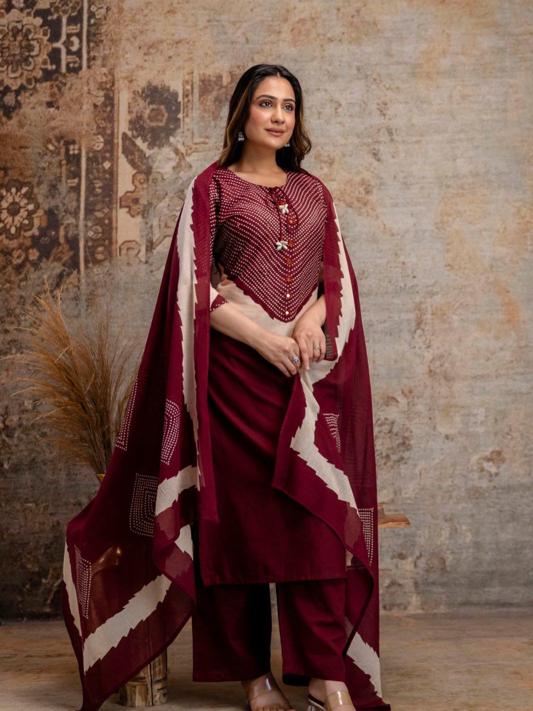 Sanjh Burgundy Maroon Cotton Bandhani Discharge Print Kurta Set with Dupatta