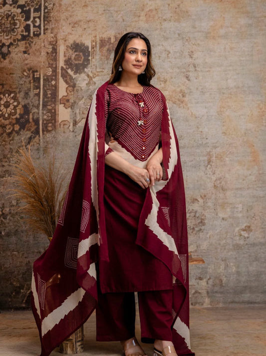 Sanjh Burgundy Maroon Cotton Bandhani Discharge Print Kurta Set with Dupatta