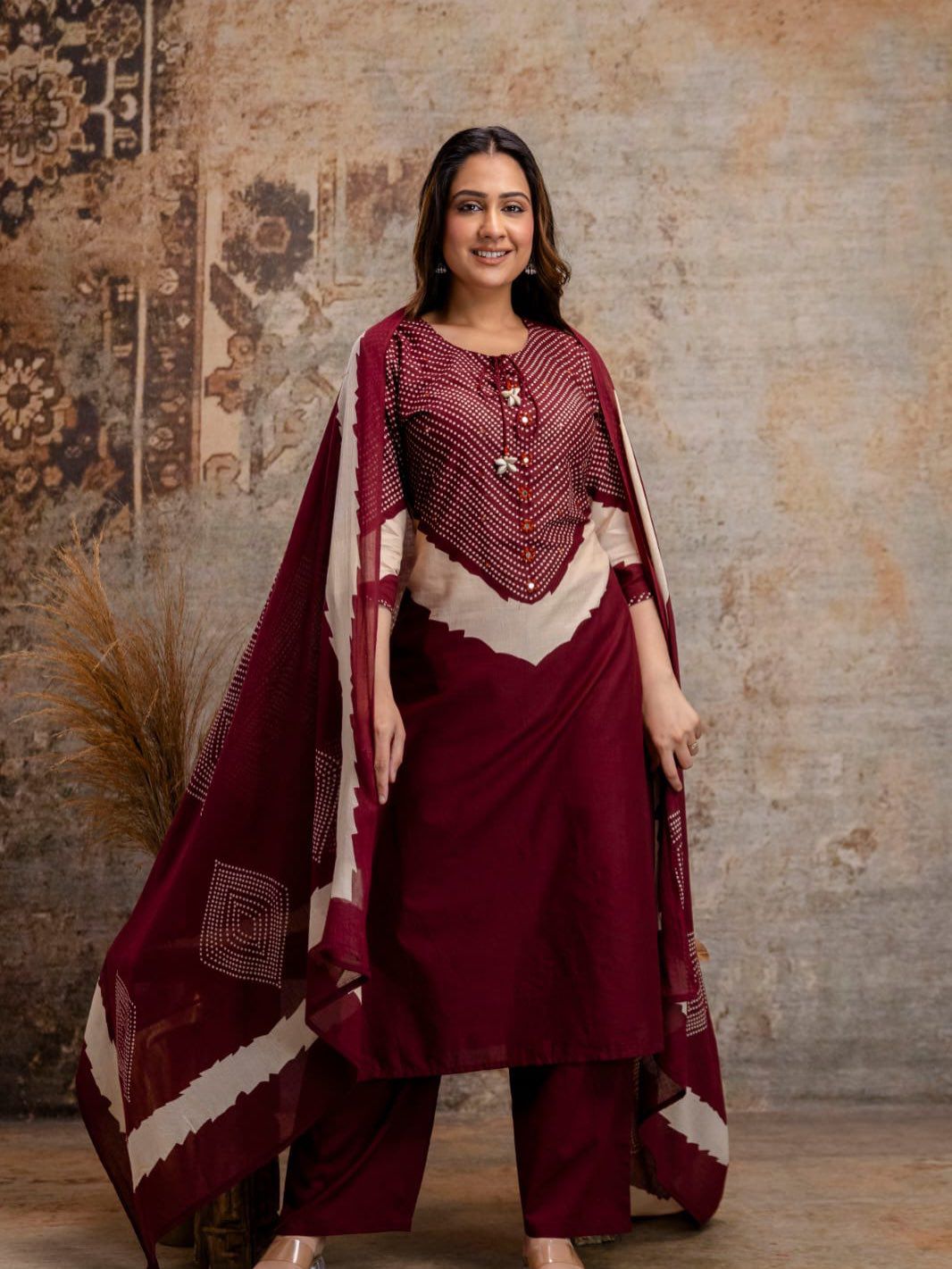 Sanjh Burgundy Maroon Cotton Bandhani Discharge Print Kurta Set with Dupatta