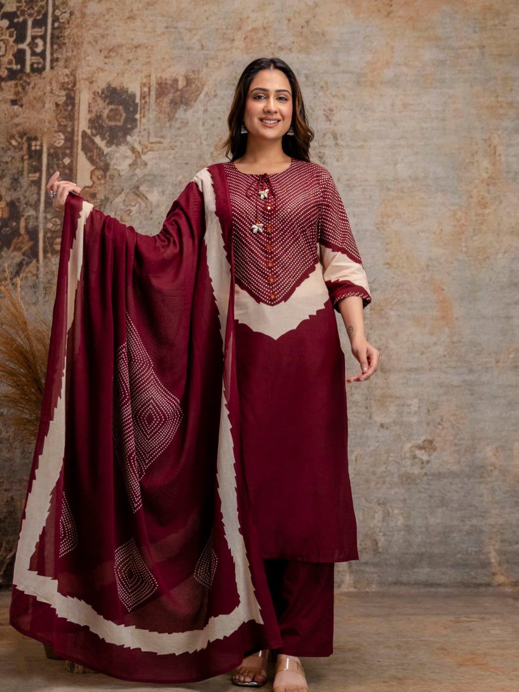 Sanjh Burgundy Maroon Cotton Bandhani Discharge Print Kurta Set with Dupatta