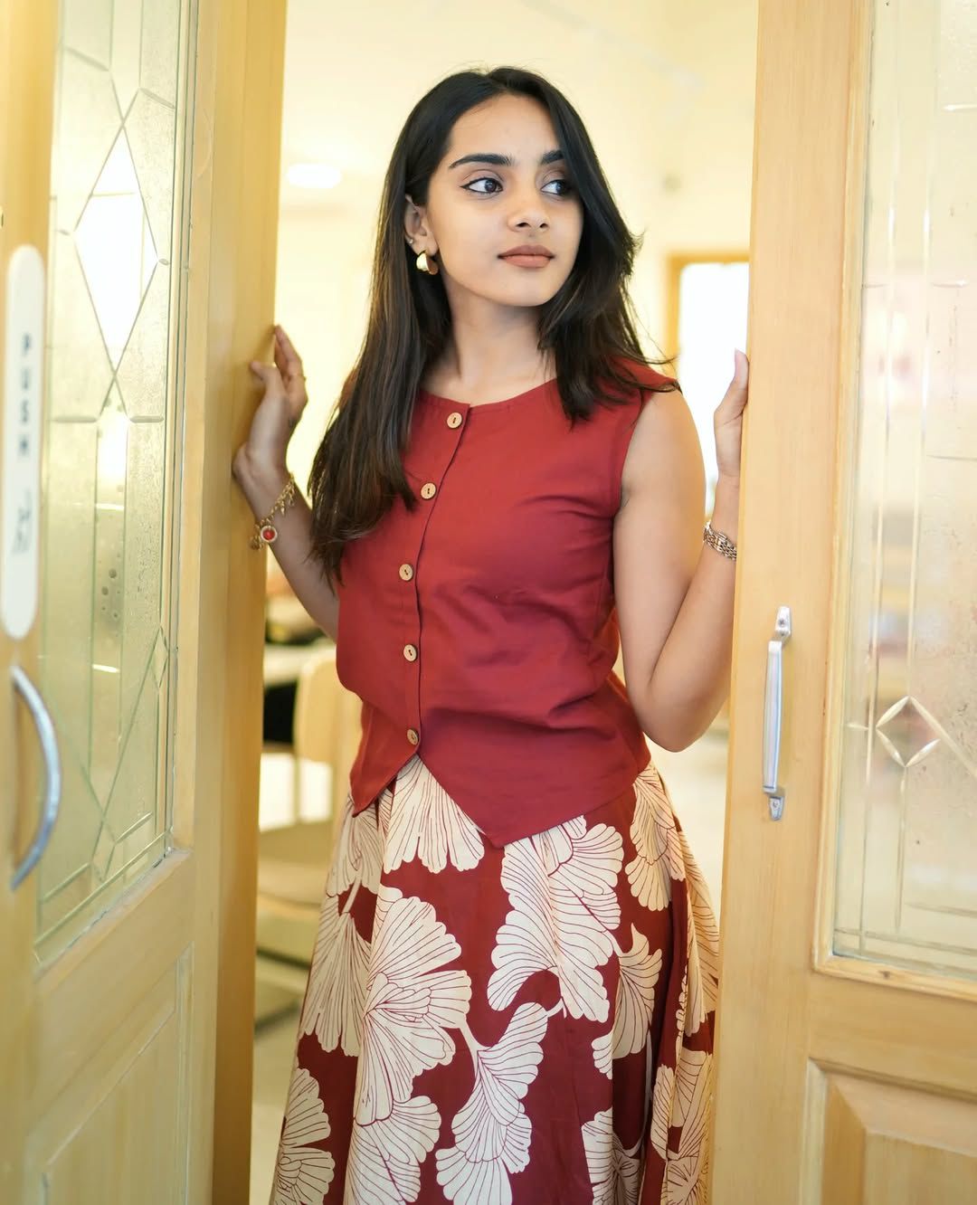 Terracotta Maroon Cotton Crop Top and Flared Floral Maxi Skirt Co-ord Set