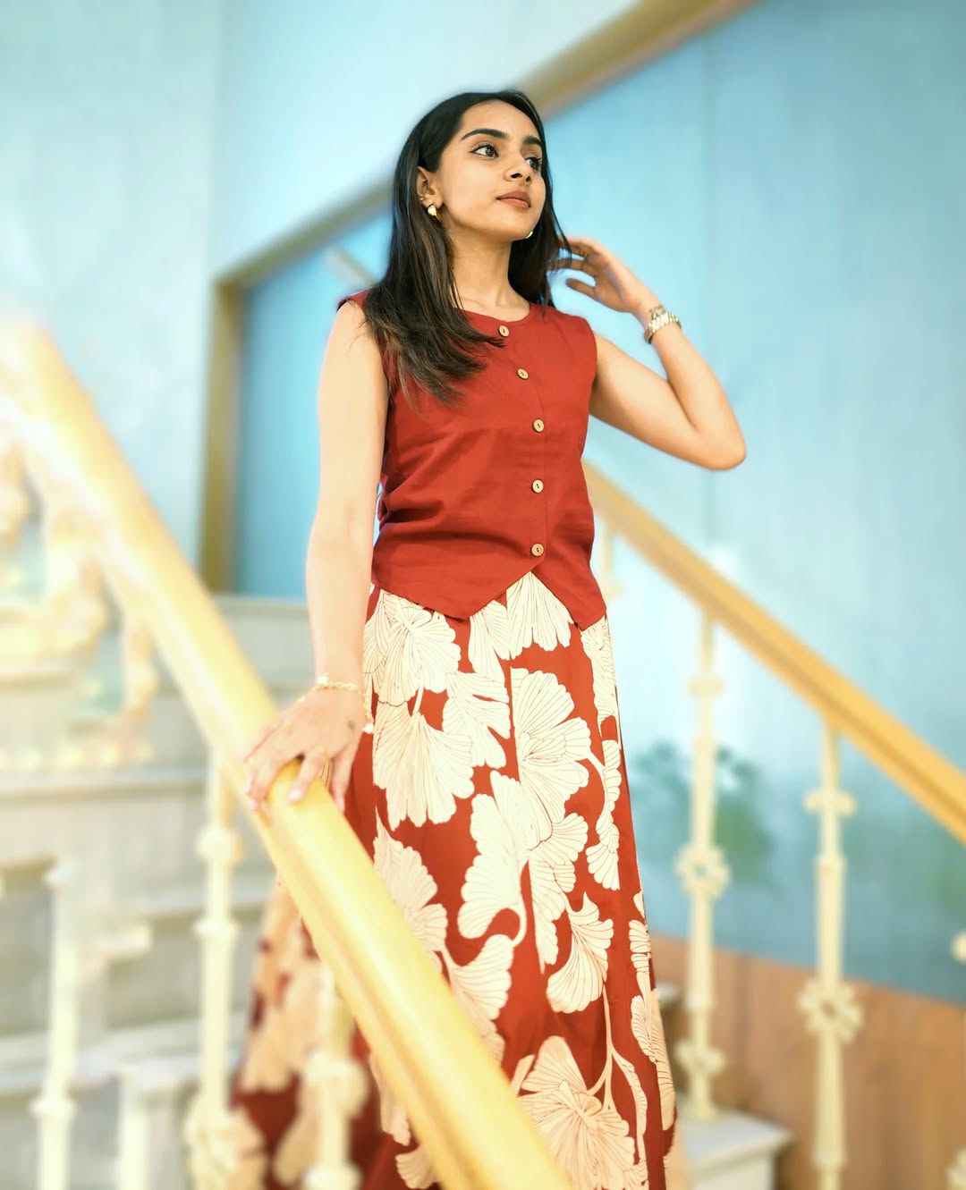 Terracotta Maroon Cotton Crop Top and Flared Floral Maxi Skirt Co-ord Set