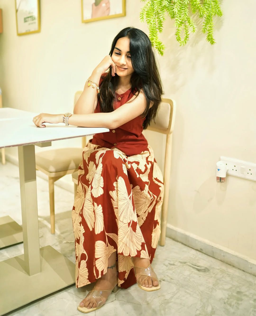 Terracotta Maroon Cotton Crop Top and Flared Floral Maxi Skirt Co-ord Set