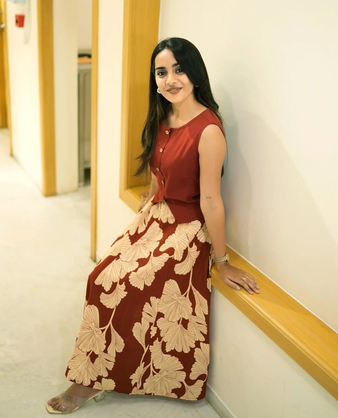 Terracotta Maroon Cotton Crop Top and Flared Floral Maxi Skirt Co-ord Set