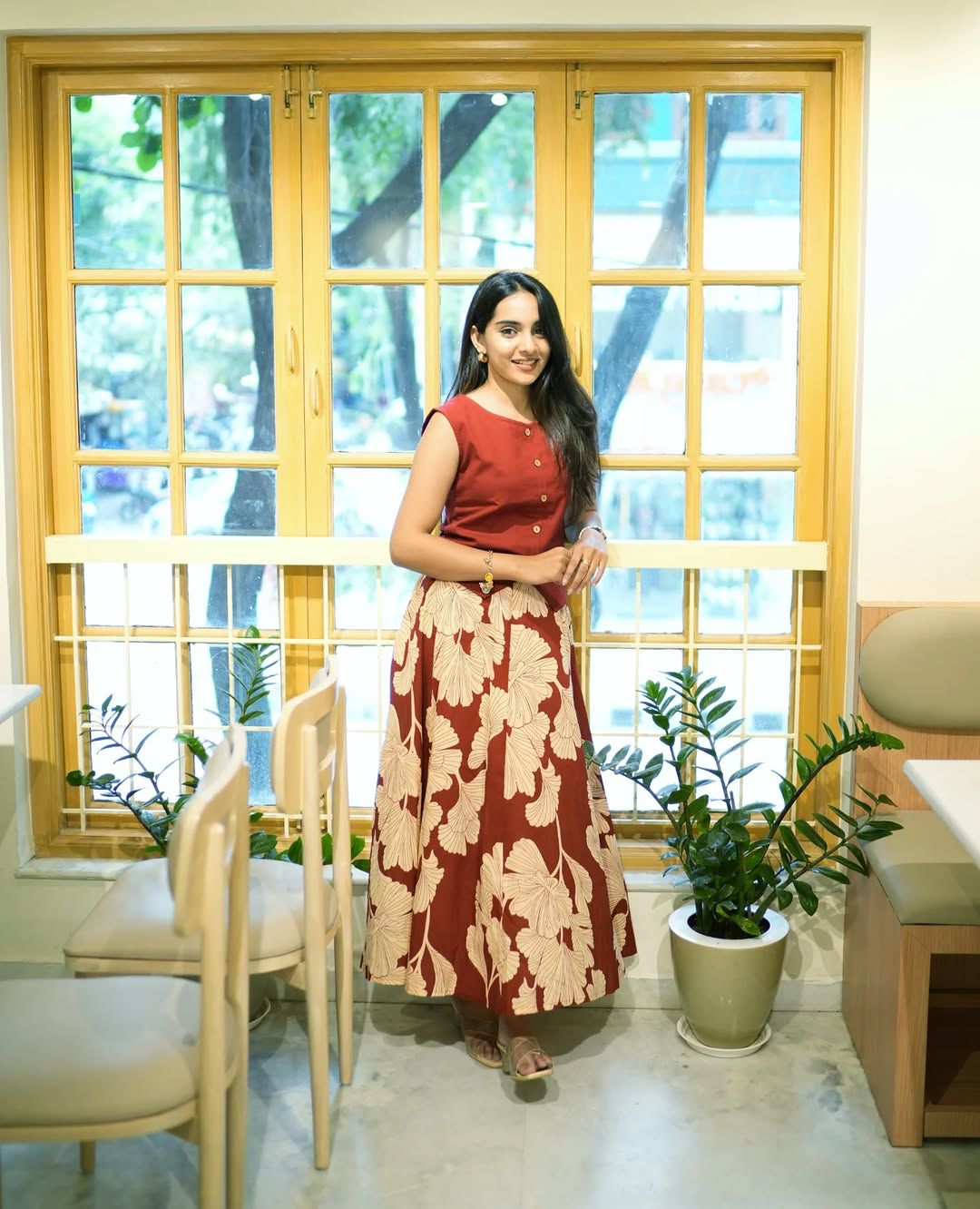 Terracotta Maroon Cotton Crop Top and Flared Floral Maxi Skirt Co-ord Set