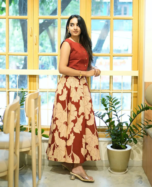 Terracotta Maroon Cotton Crop Top and Flared Floral Maxi Skirt Co-ord Set