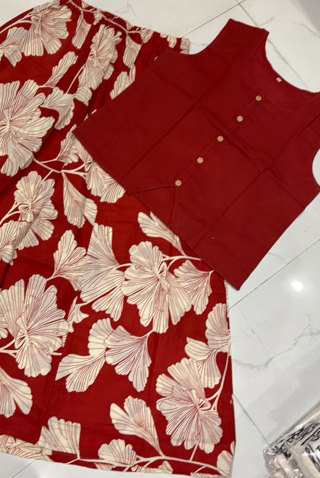 Terracotta Maroon Cotton Crop Top and Flared Floral Maxi Skirt Co-ord Set