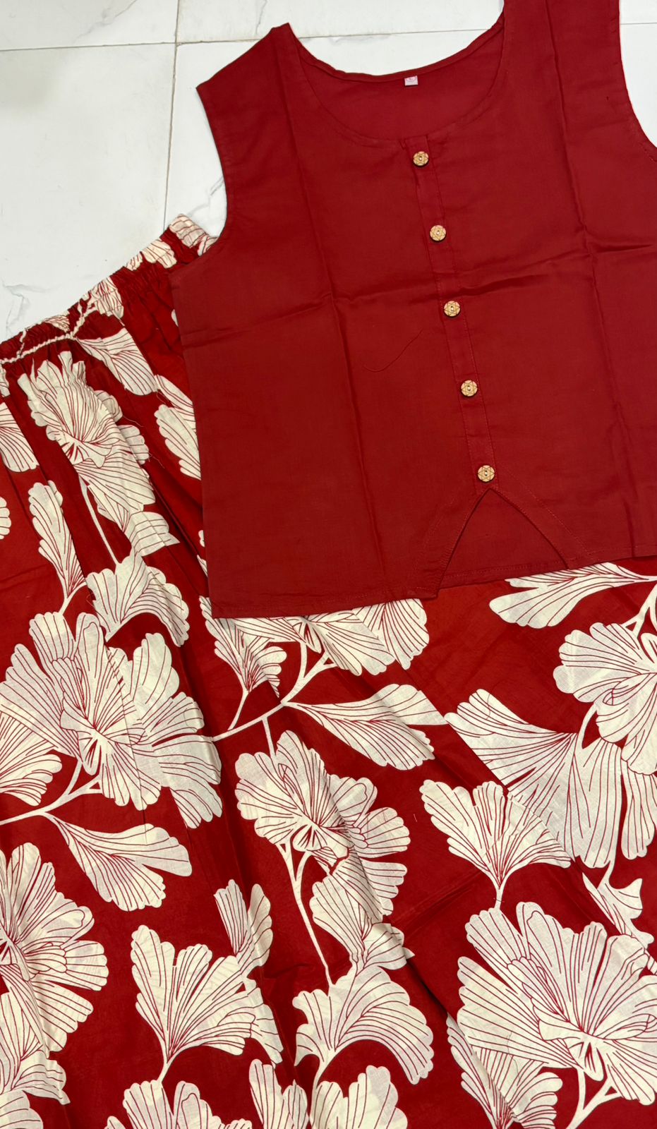 Terracotta Maroon Cotton Crop Top and Flared Floral Maxi Skirt Co-ord Set