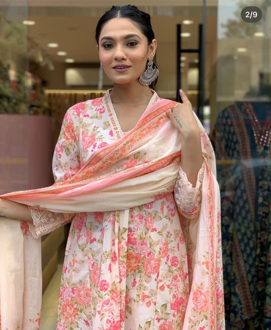 Vanika Anarkali Kurta With Floral print, Embroidery And Sequence Hand Work & Flair