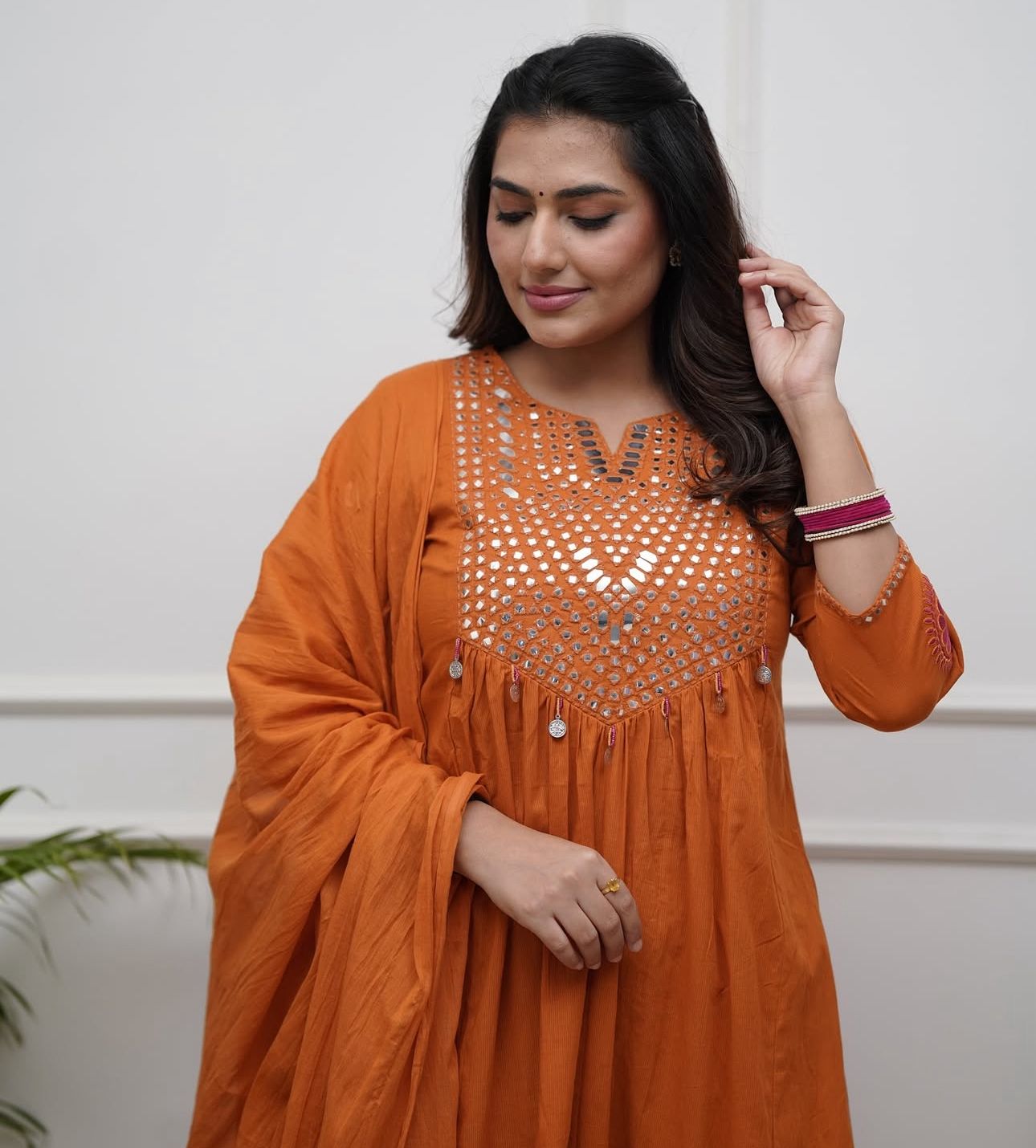 Shalini Festive Rust Orange A-Line Kurta Set with Mirror Work Yoke and Dupatta