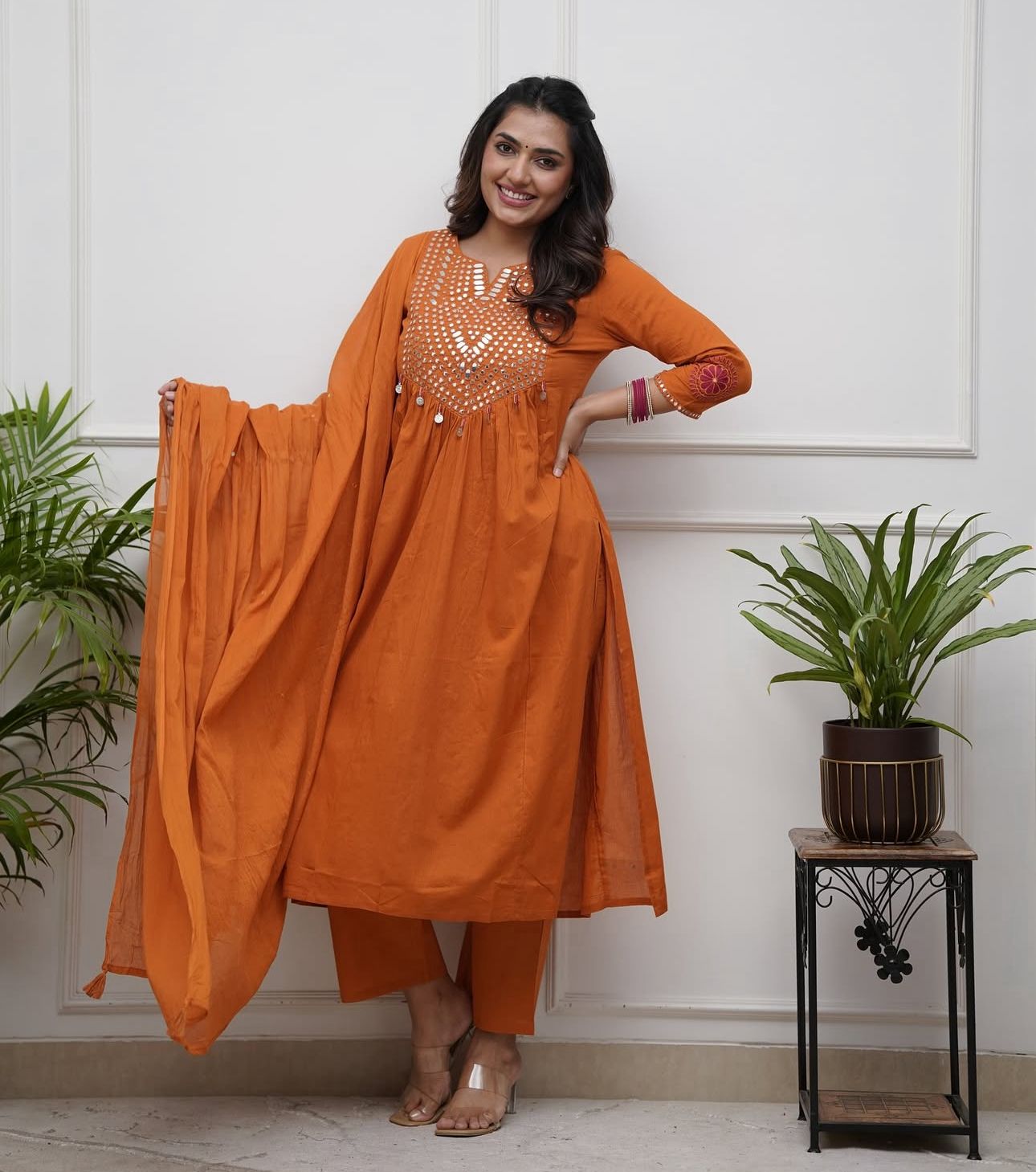 Shalini Festive Rust Orange A-Line Kurta Set with Mirror Work Yoke and Dupatta