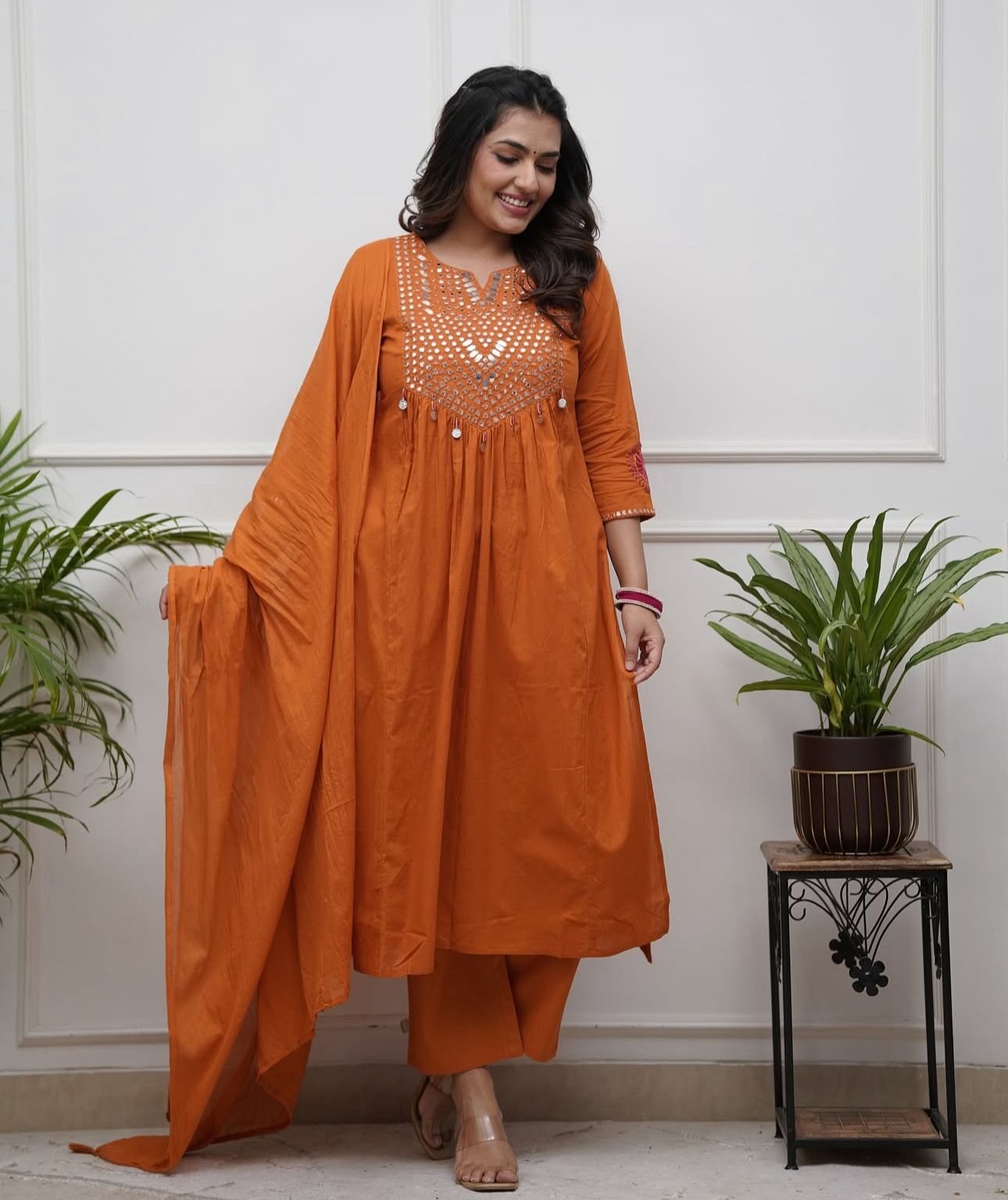 Shalini Festive Rust Orange A-Line Kurta Set with Mirror Work Yoke and Dupatta