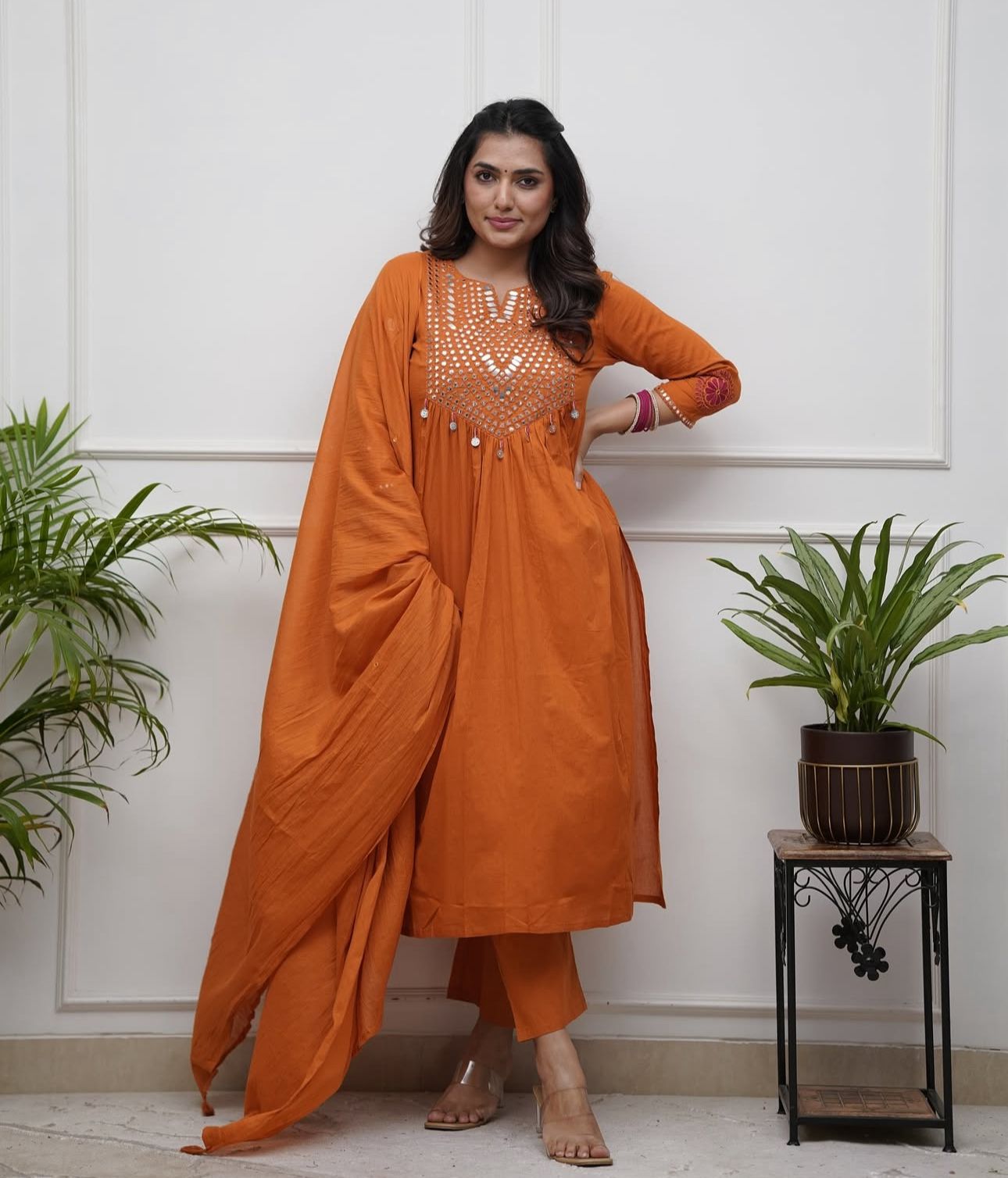 Shalini Festive Rust Orange A-Line Kurta Set with Mirror Work Yoke and Dupatta