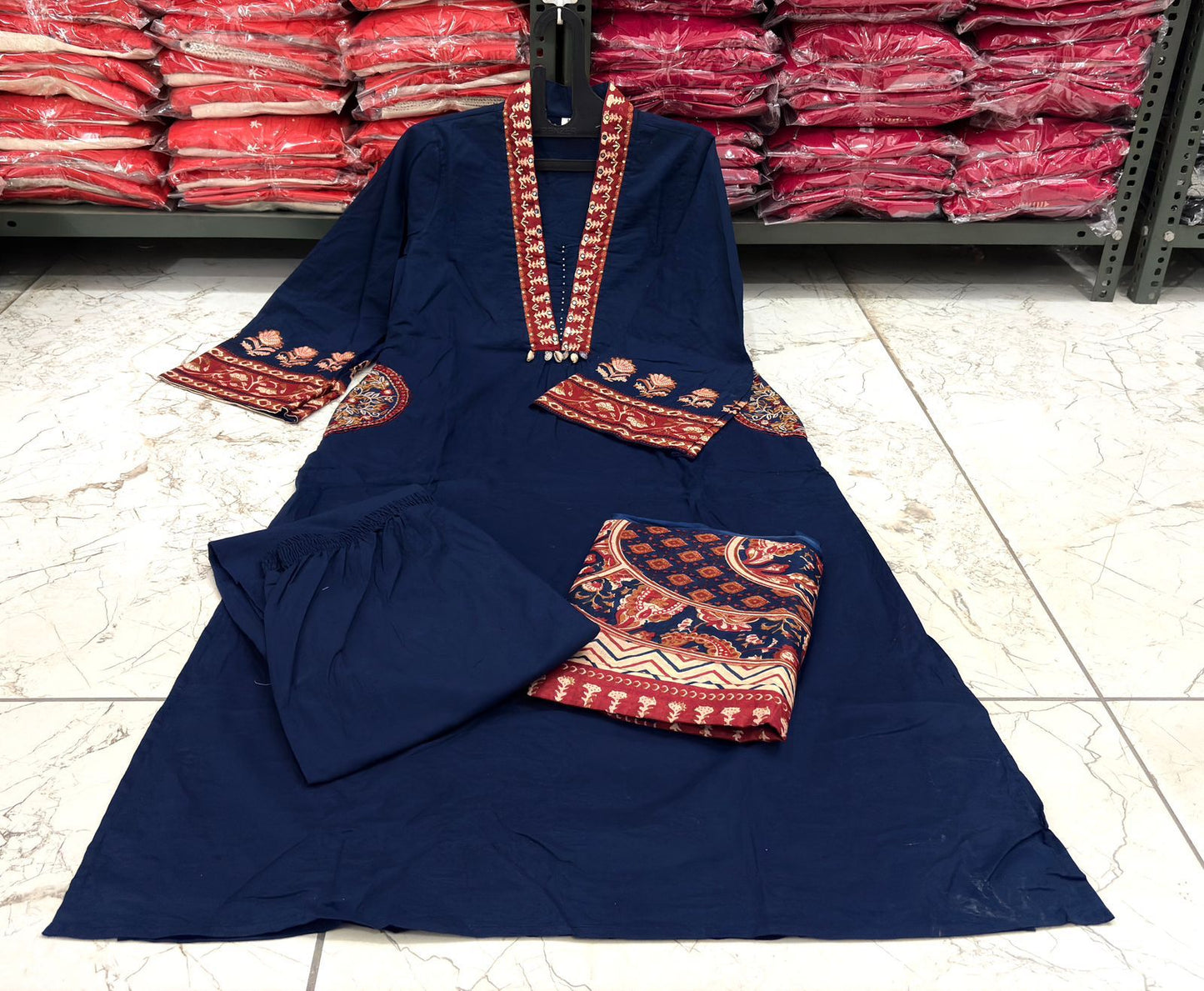 Premium Navy Blue Cotton Straight Kurta Set with Handwork Neckline and Ajrakh Prints
