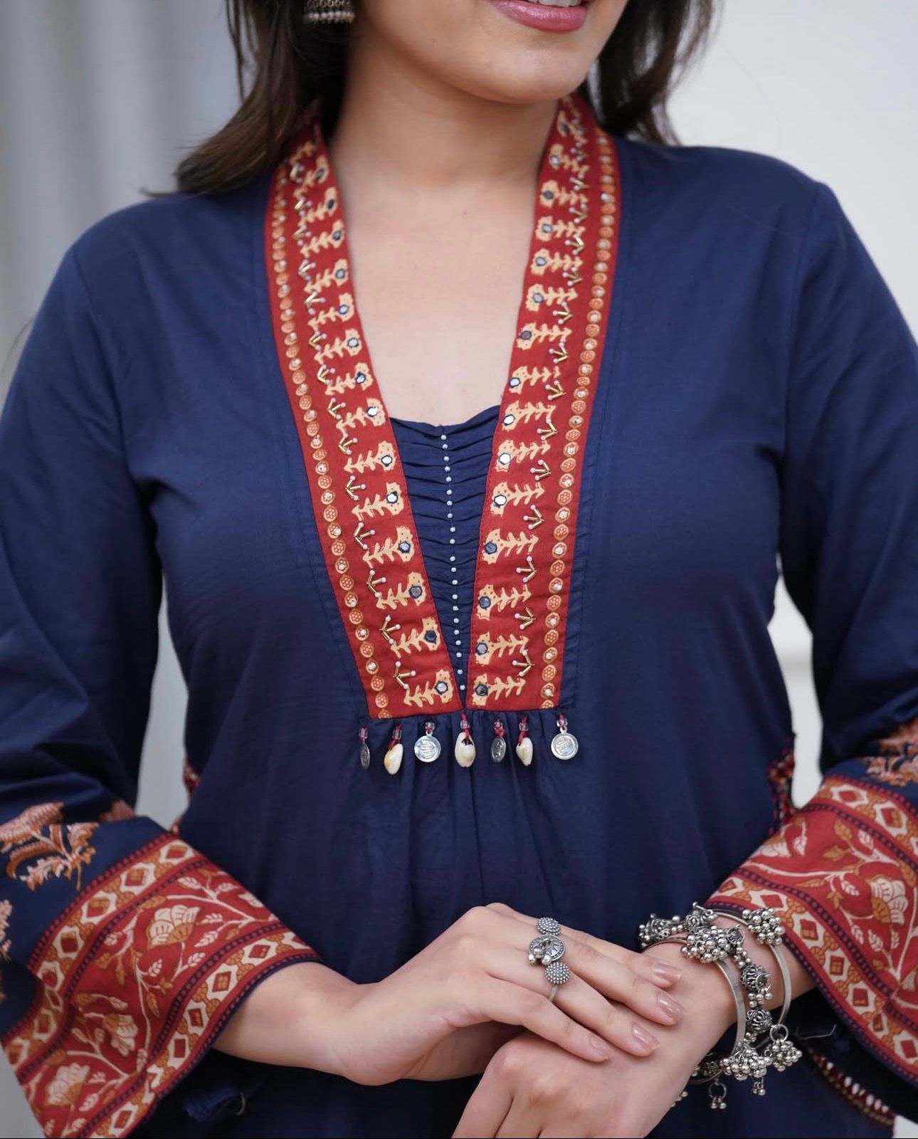 Premium Navy Blue Cotton Straight Kurta Set with Handwork Neckline and Ajrakh Prints