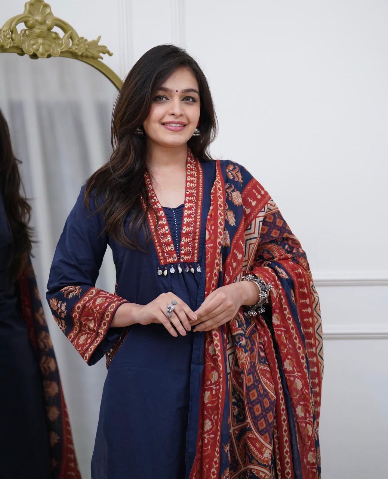 Premium Navy Blue Cotton Straight Kurta Set with Handwork Neckline and Ajrakh Prints