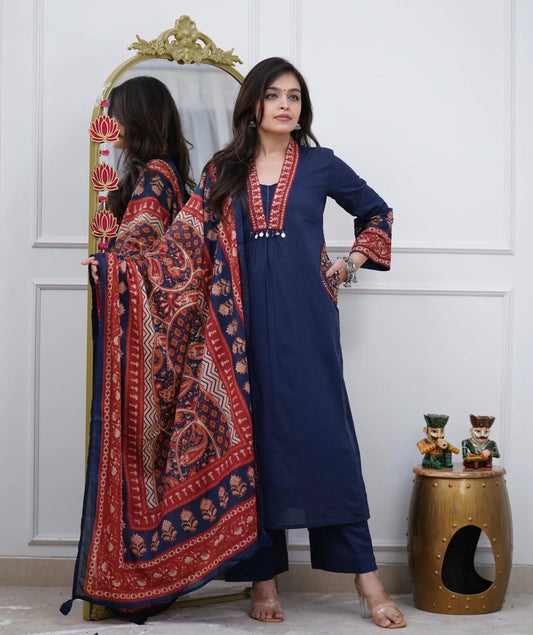Premium Navy Blue Cotton Straight Kurta Set with Handwork Neckline and Ajrakh Prints