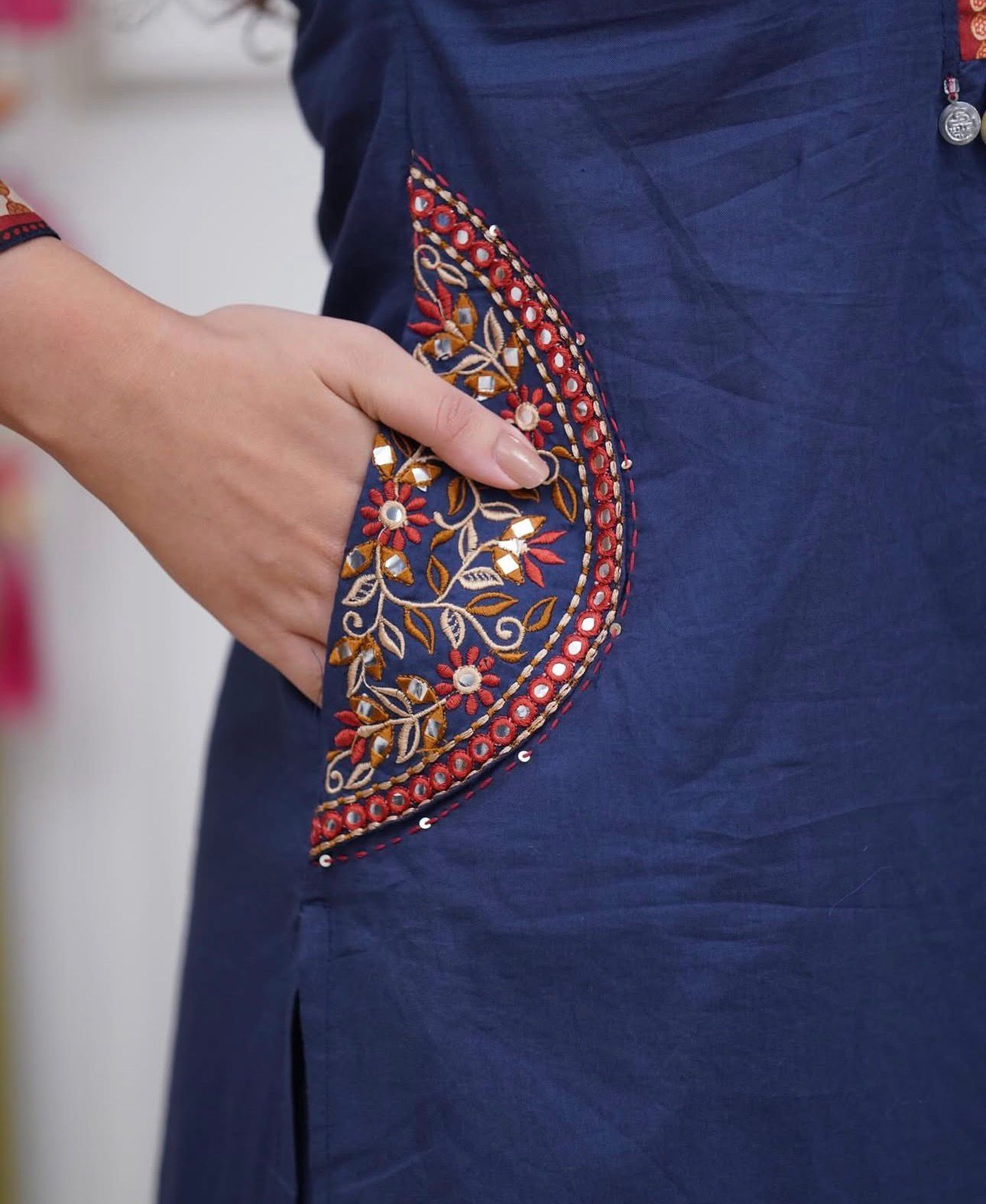 Premium Navy Blue Cotton Straight Kurta Set with Handwork Neckline and Ajrakh Prints