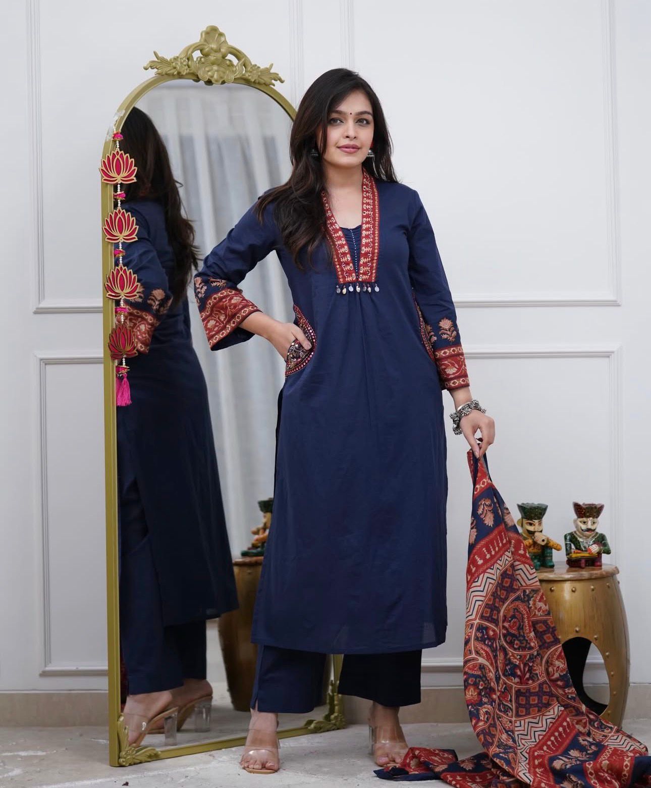 Premium Navy Blue Cotton Straight Kurta Set with Handwork Neckline and Ajrakh Prints