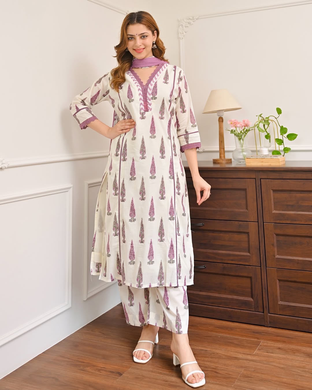 Vanya Mughal Buta Printed Cotton Kurta Set with Heavy Lace Yoke and Mulmul Dupatta