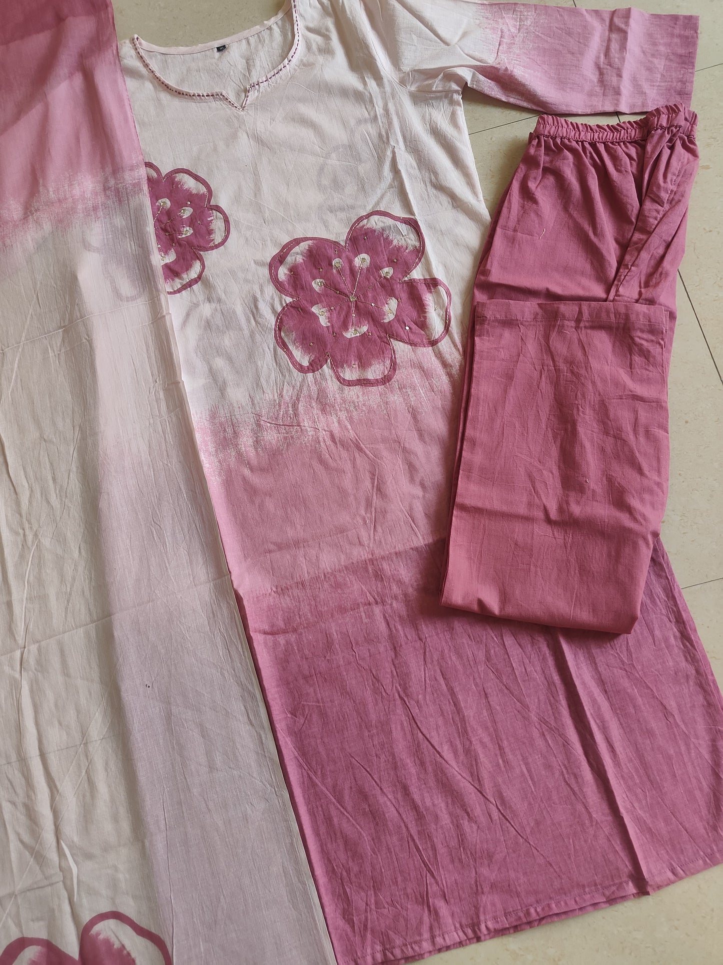 Shikha Pink and White Ombre Cotton Straight Kurta Set with Hand-Painted Floral Motifs