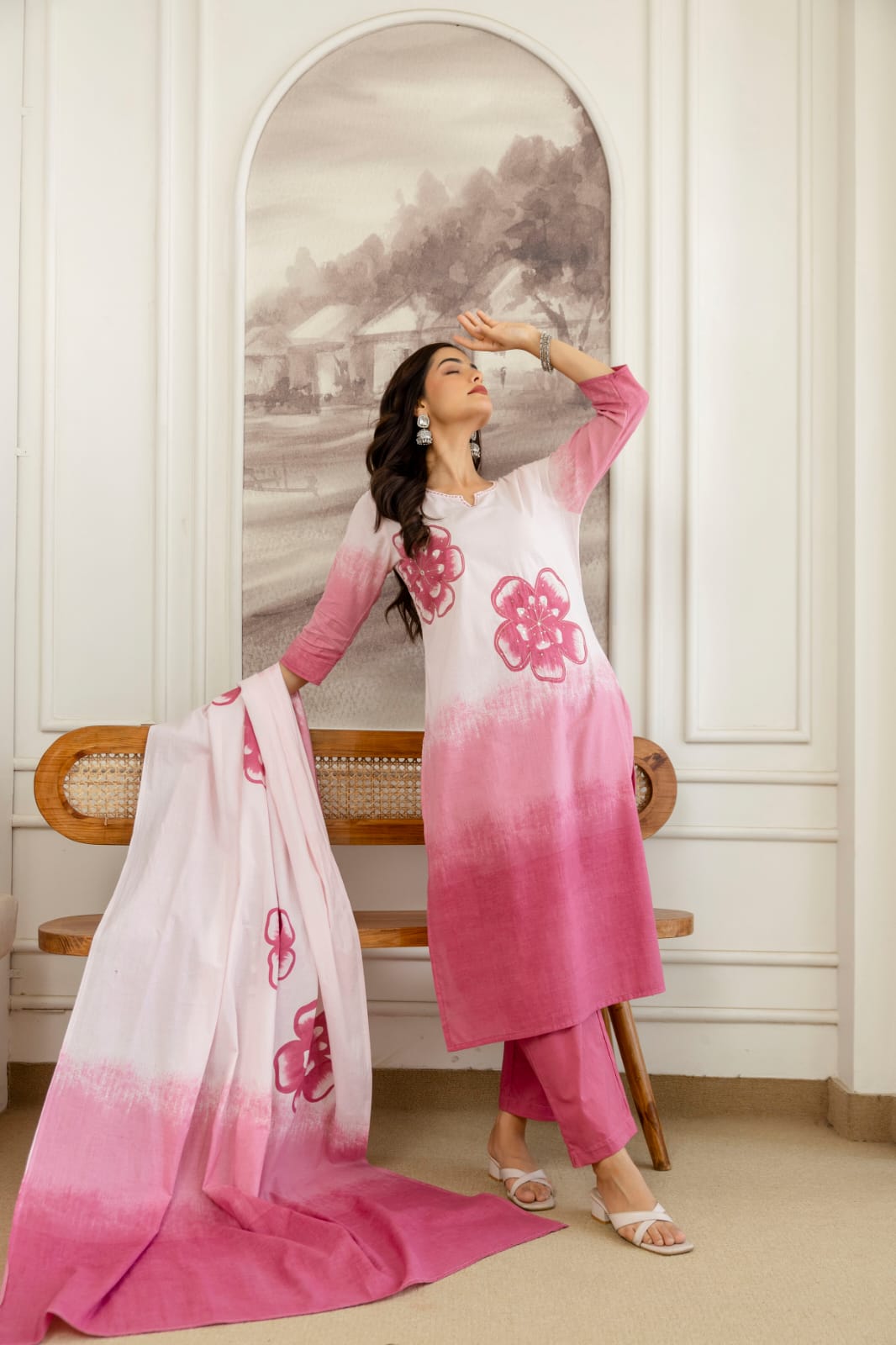 Shikha Pink and White Ombre Cotton Straight Kurta Set with Hand-Painted Floral Motifs