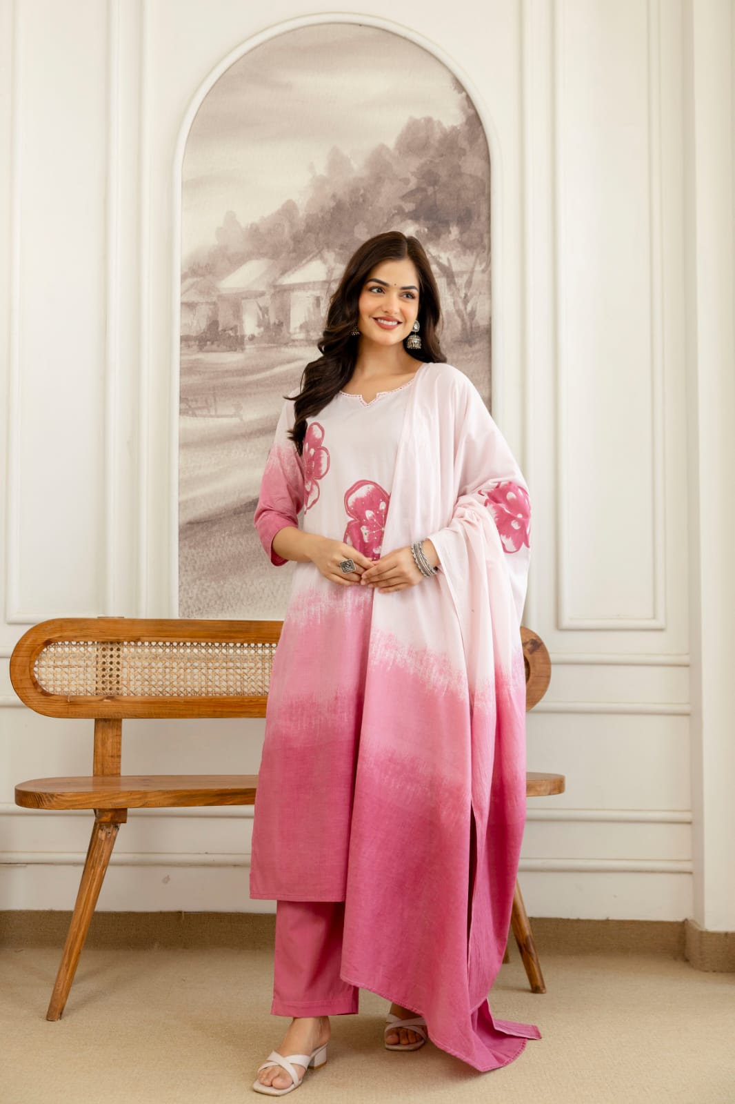 Shikha Pink and White Ombre Cotton Straight Kurta Set with Hand-Painted Floral Motifs
