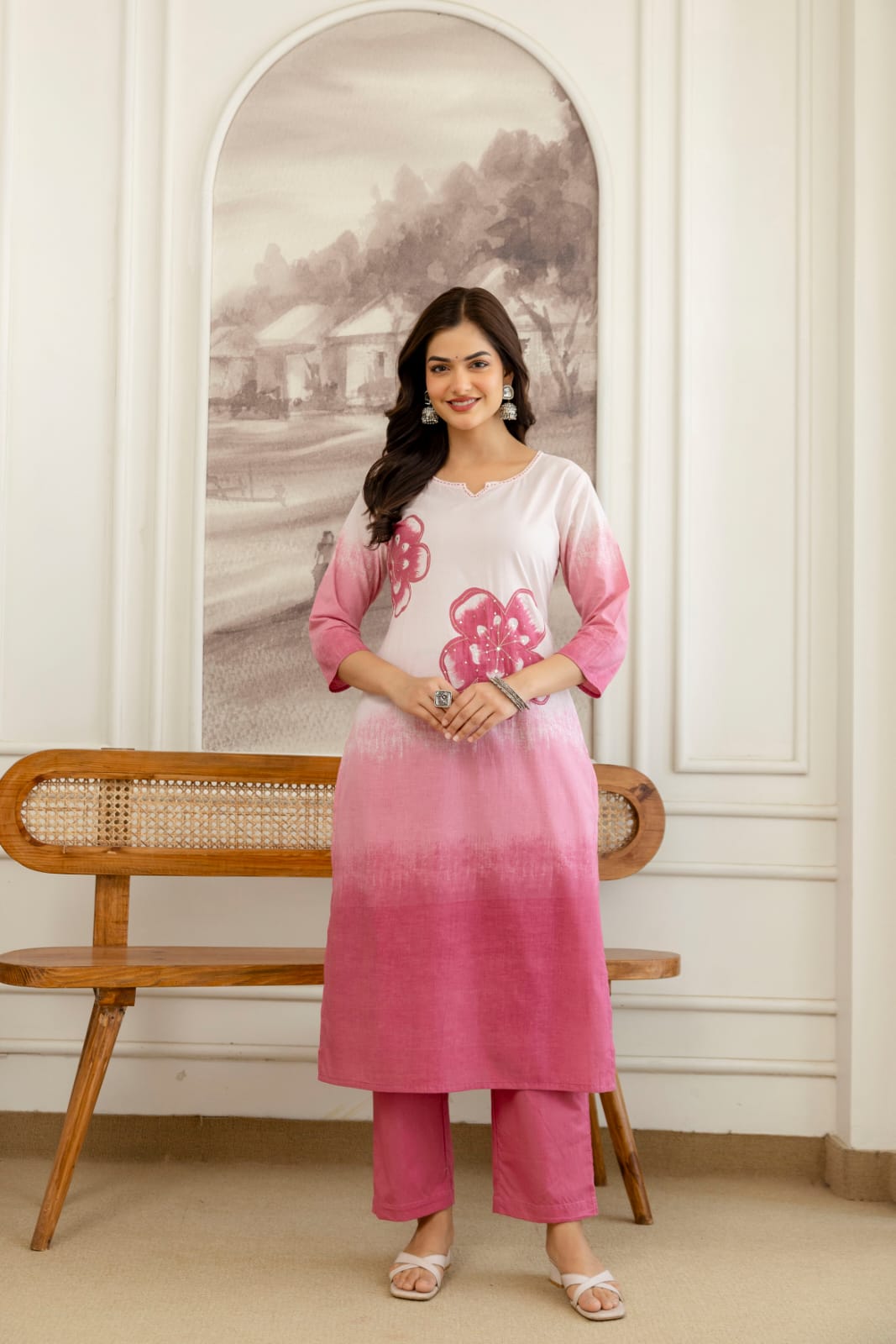 Shikha Pink and White Ombre Cotton Straight Kurta Set with Hand-Painted Floral Motifs