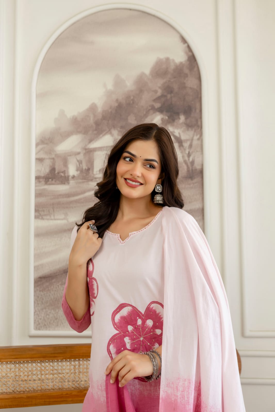 Shikha Pink and White Ombre Cotton Straight Kurta Set with Hand-Painted Floral Motifs