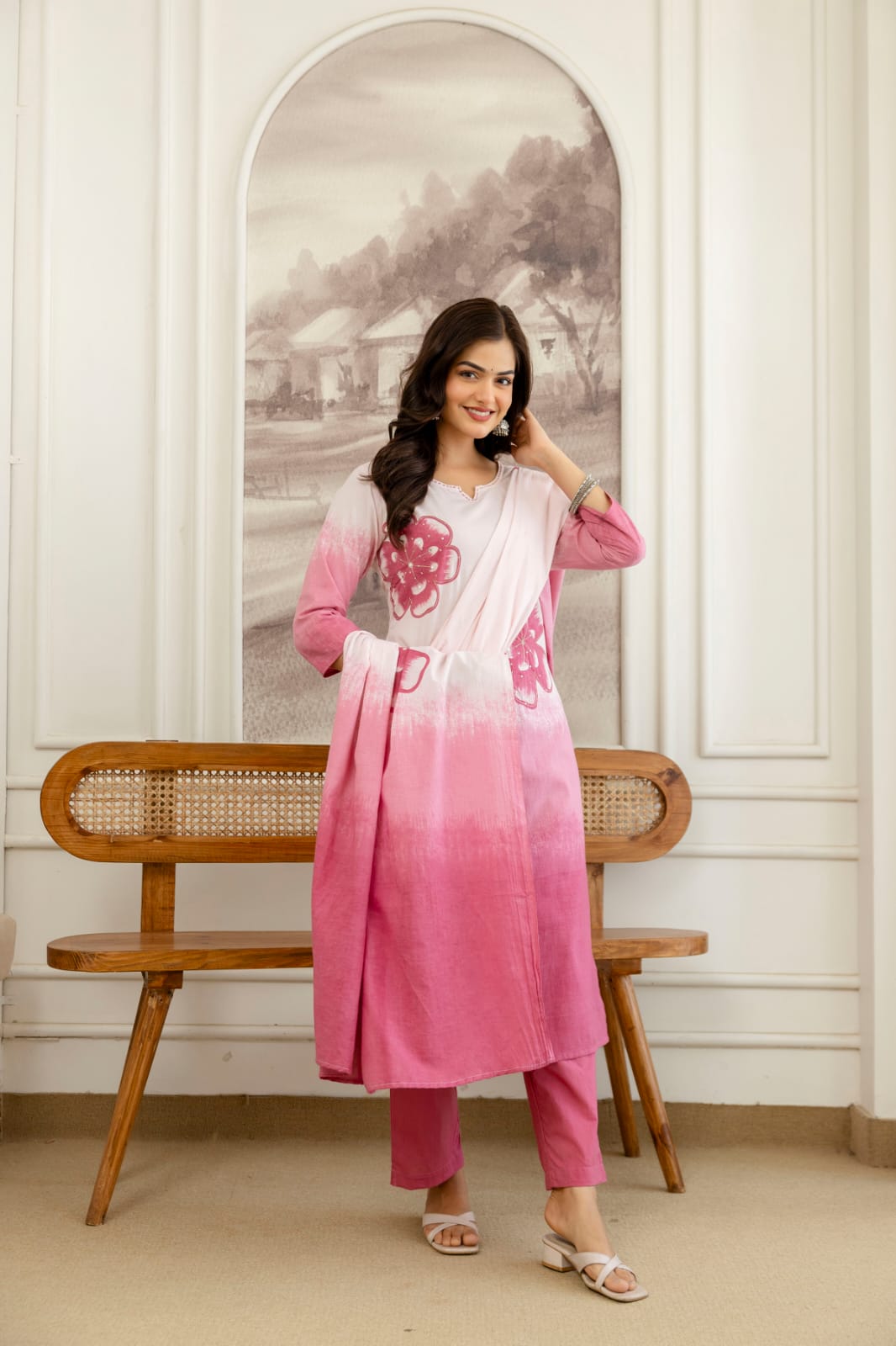 Shikha Pink and White Ombre Cotton Straight Kurta Set with Hand-Painted Floral Motifs