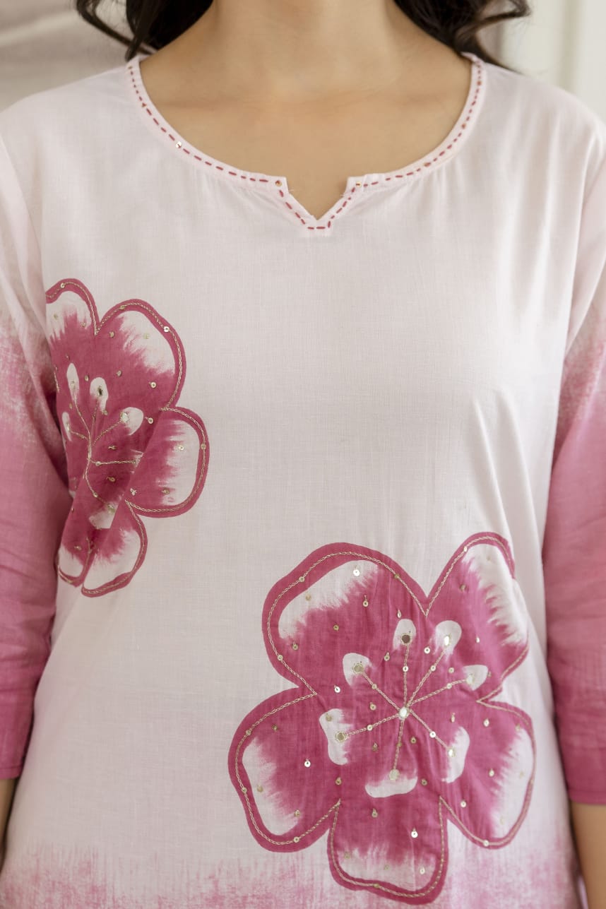 Shikha Pink and White Ombre Cotton Straight Kurta Set with Hand-Painted Floral Motifs