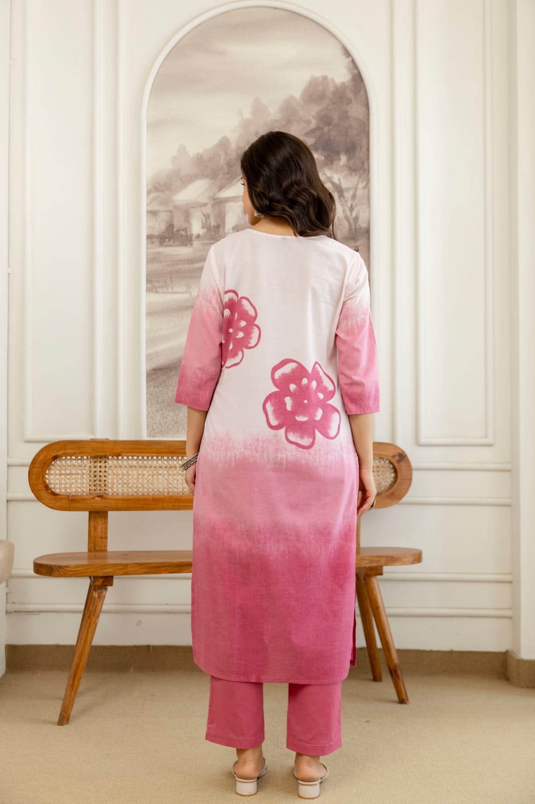 Shikha Pink and White Ombre Cotton Straight Kurta Set with Hand-Painted Floral Motifs