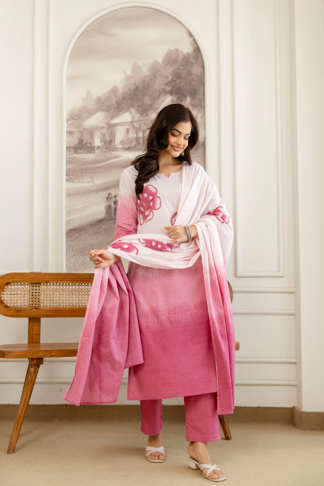 Shikha Pink and White Ombre Cotton Straight Kurta Set with Hand-Painted Floral Motifs