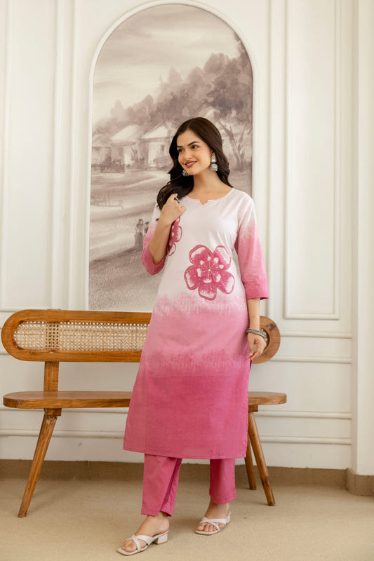 Shikha Pink and White Ombre Cotton Straight Kurta Set with Hand-Painted Floral Motifs