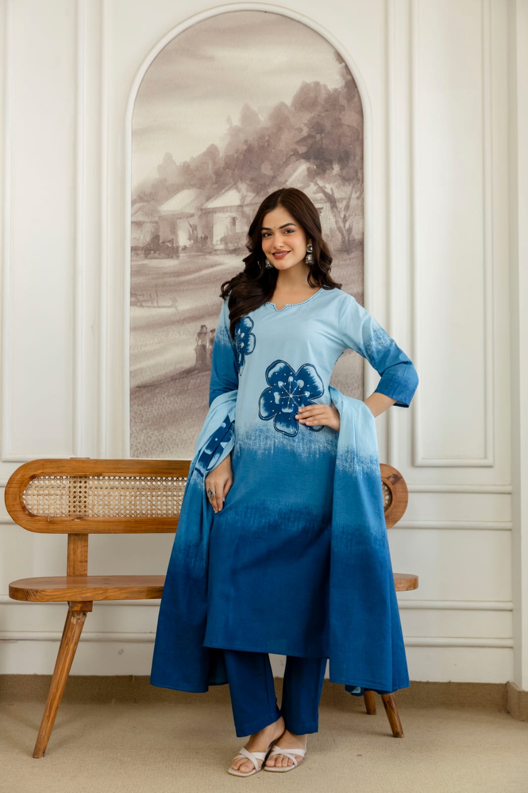 Nitya Powder Blue and Indigo Cotton Straight Kurta Set with Hand-Painted Floral Motifs