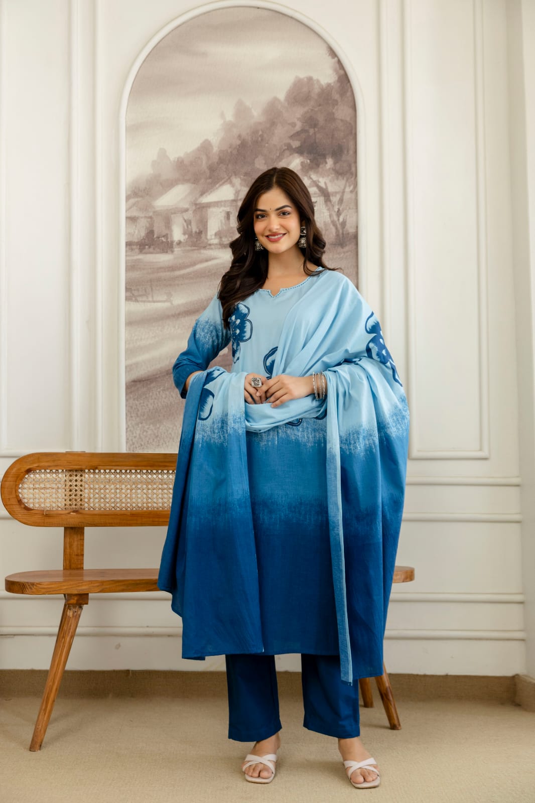 Nitya Powder Blue and Indigo Cotton Straight Kurta Set with Hand-Painted Floral Motifs