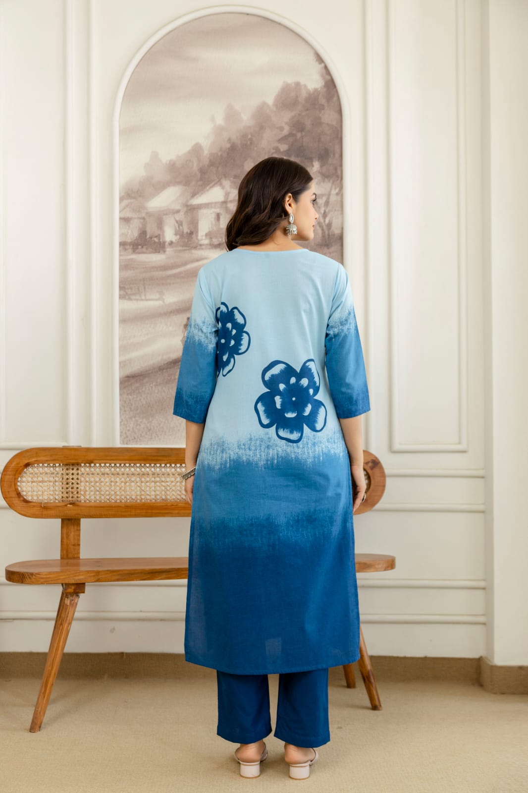 Nitya Powder Blue and Indigo Cotton Straight Kurta Set with Hand-Painted Floral Motifs