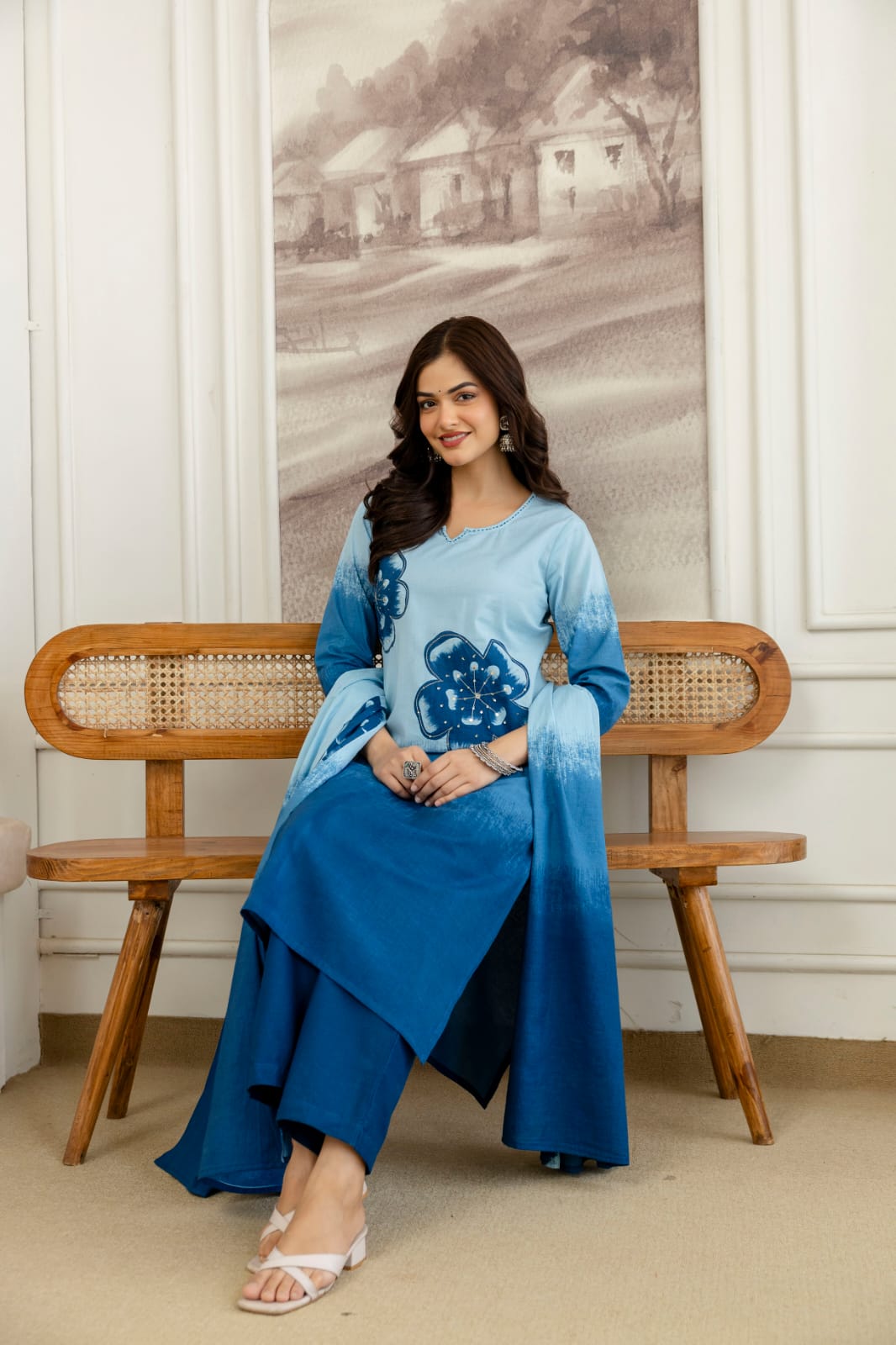 Nitya Powder Blue and Indigo Cotton Straight Kurta Set with Hand-Painted Floral Motifs