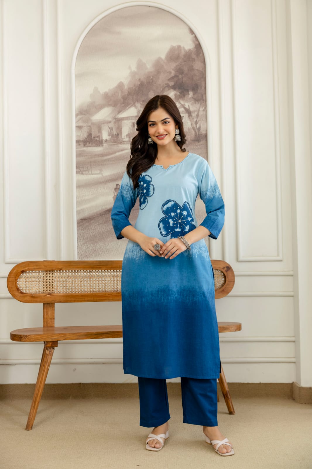 Nitya Powder Blue and Indigo Cotton Straight Kurta Set with Hand-Painted Floral Motifs