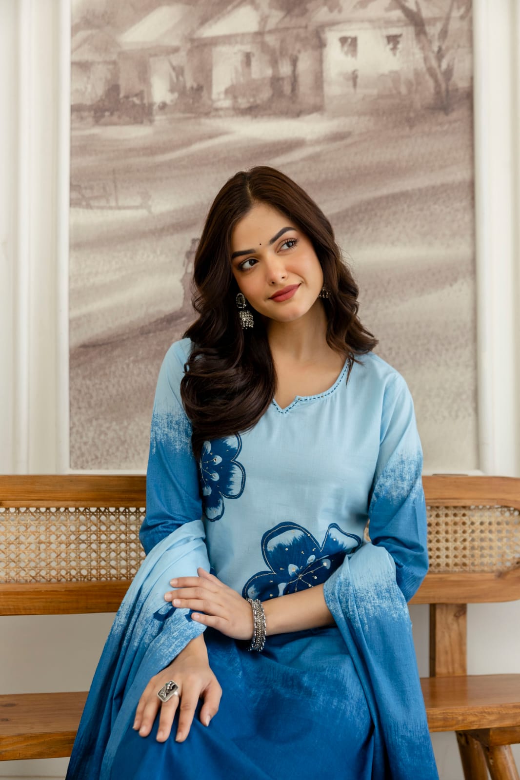 Nitya Powder Blue and Indigo Cotton Straight Kurta Set with Hand-Painted Floral Motifs