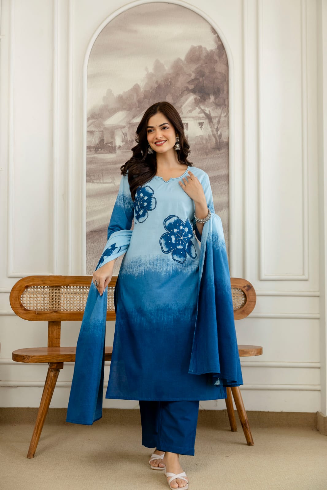 Nitya Powder Blue and Indigo Cotton Straight Kurta Set with Hand-Painted Floral Motifs