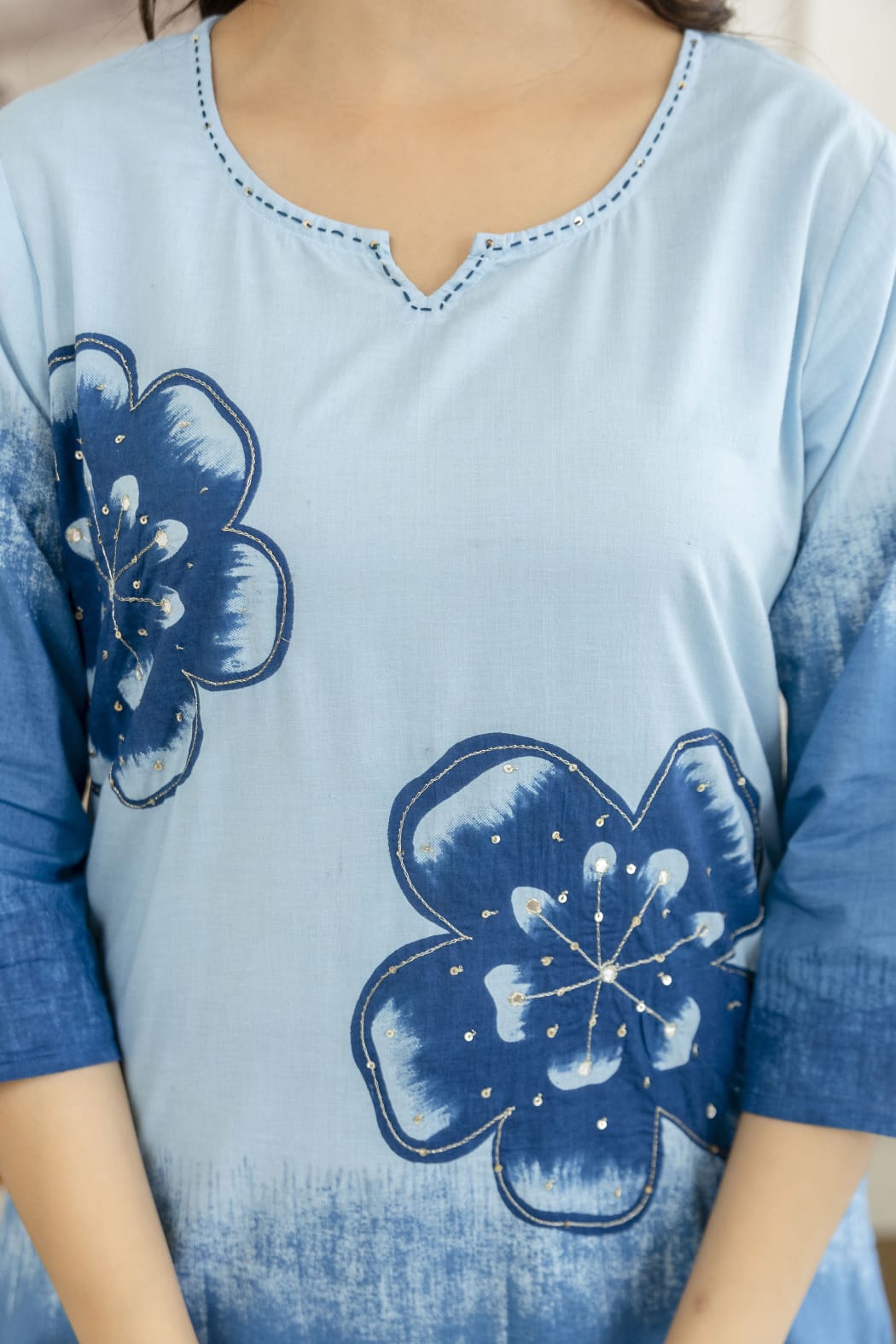 Nitya Powder Blue and Indigo Cotton Straight Kurta Set with Hand-Painted Floral Motifs
