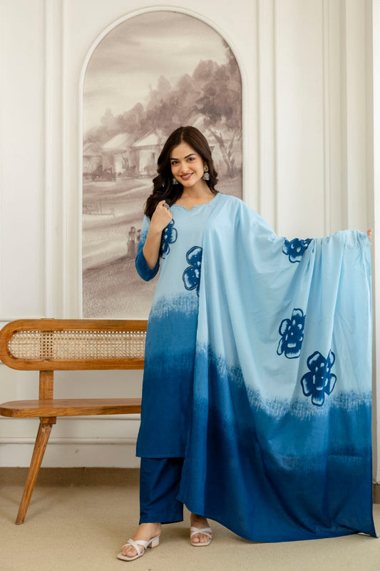 Nitya Powder Blue and Indigo Cotton Straight Kurta Set with Hand-Painted Floral Motifs