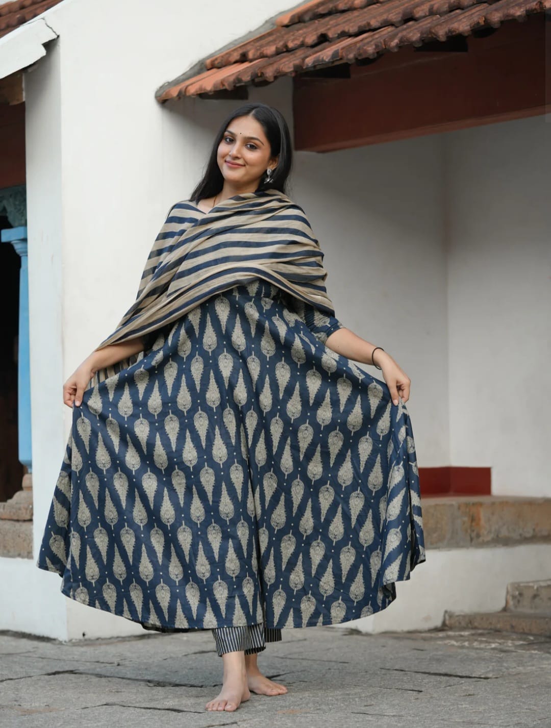 Sine Indigo Blue Cotton 4-Meter Full Flared Anarkali Suit Set with Malmal Dupatta