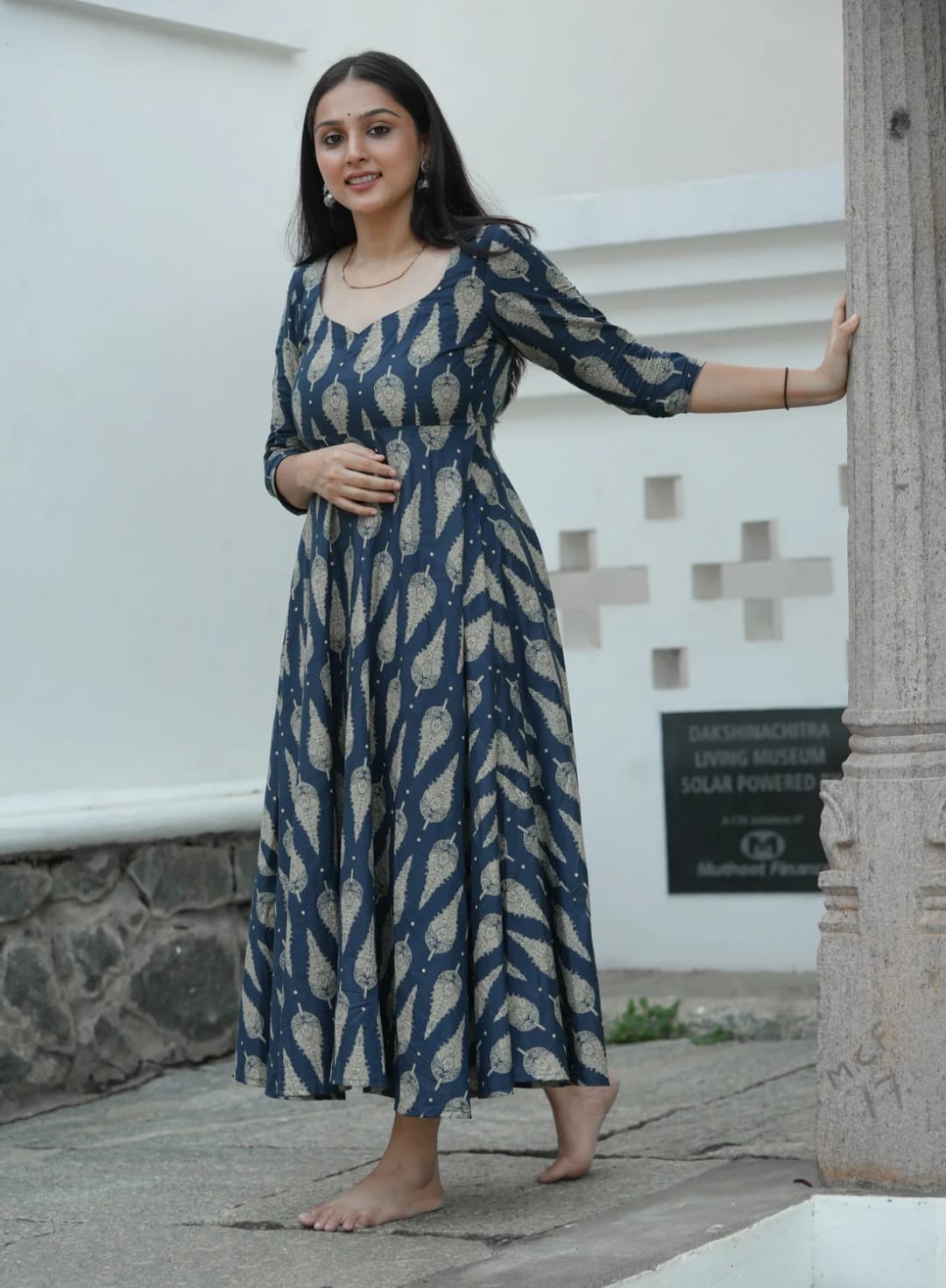 Sine Indigo Blue Cotton 4-Meter Full Flared Anarkali Suit Set with Malmal Dupatta
