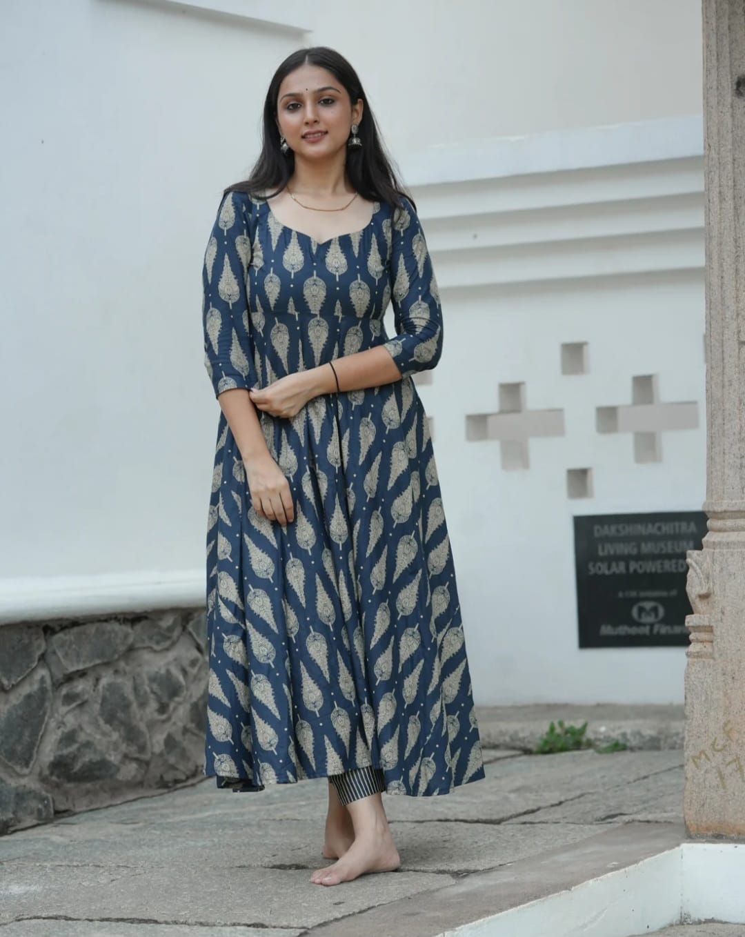 Sine Indigo Blue Cotton 4-Meter Full Flared Anarkali Suit Set with Malmal Dupatta